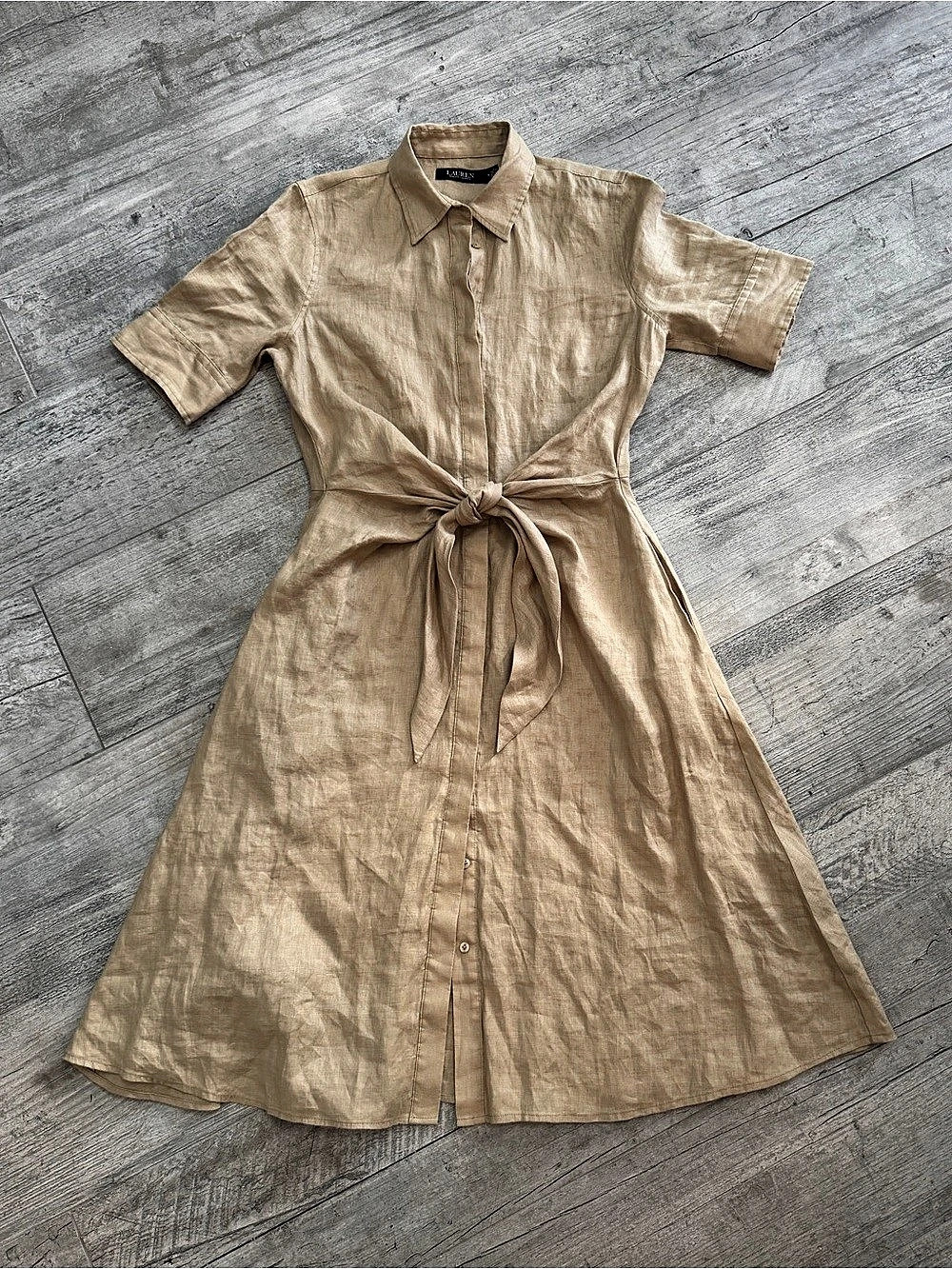 Lauren Ralph Lauren Tie-Front Linen Shirtdress Beige Size 4
